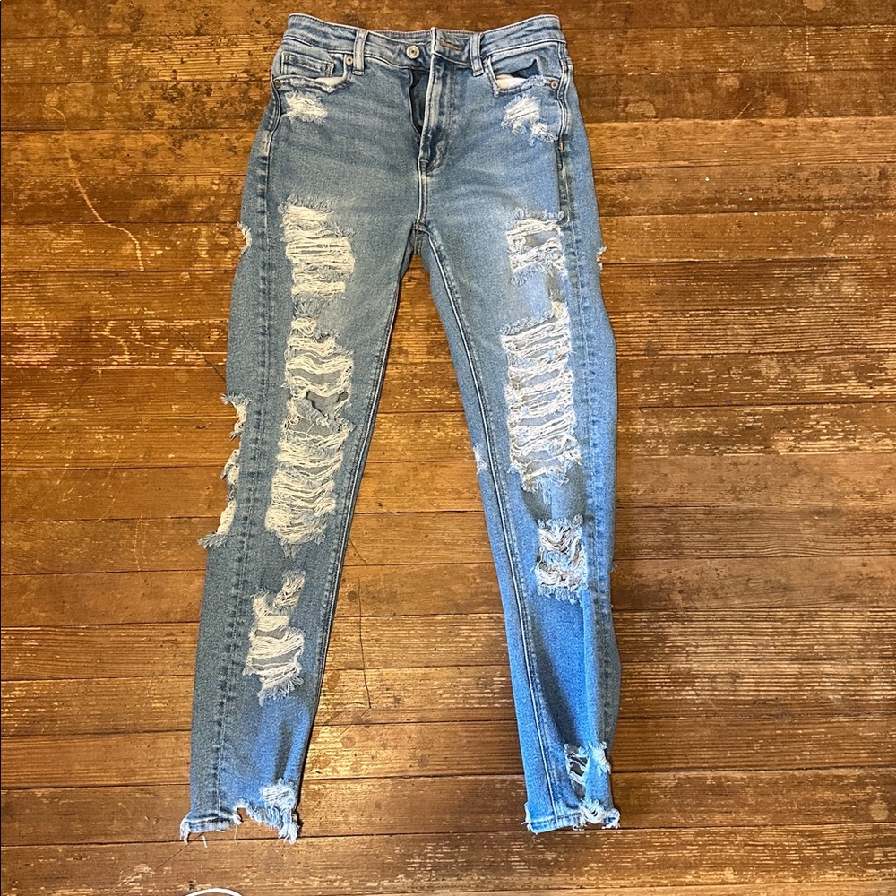 American Eagle Outfitters Blue Distressed Straight Leg Jeans